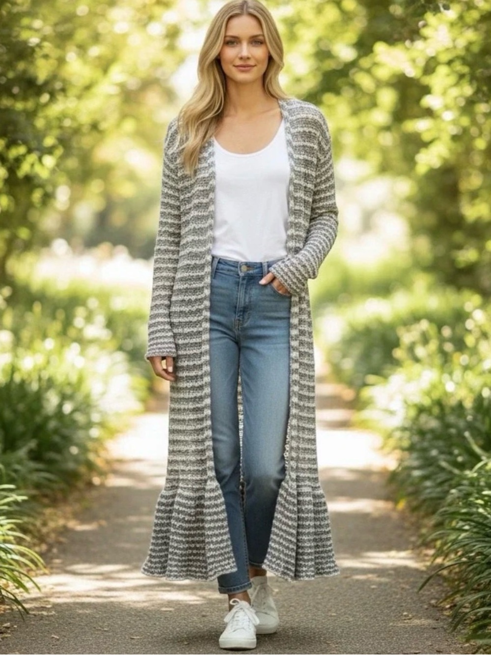 0254 Free People Gray Striped Long Ruffle-Hem Open Cardigan
